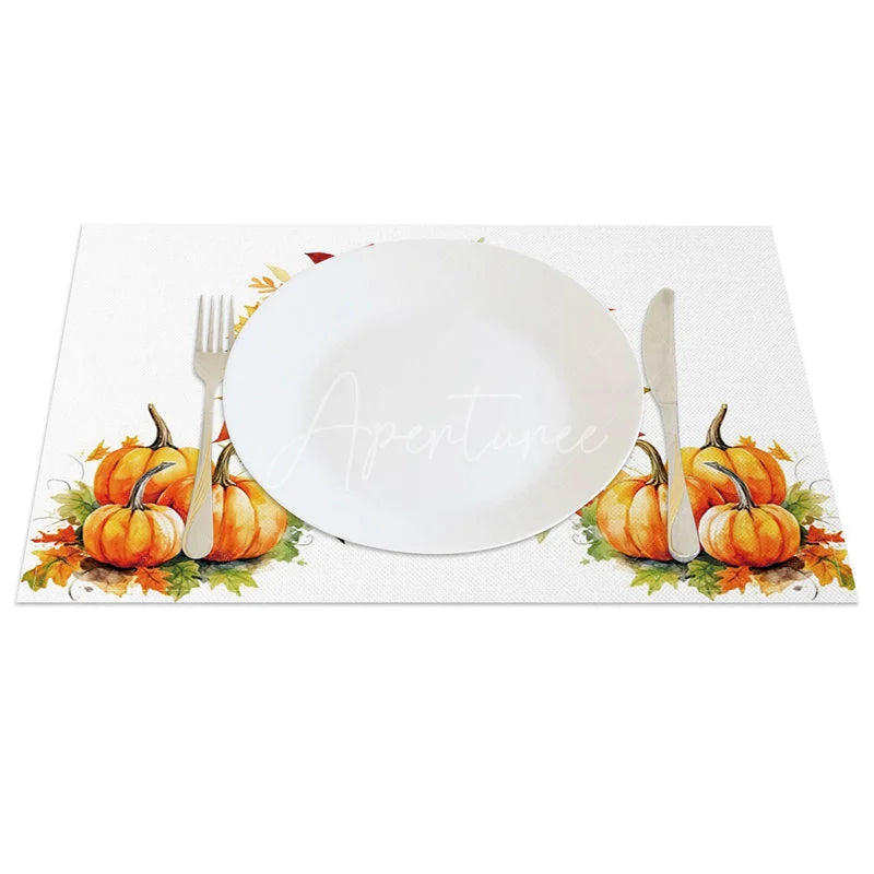 Aperturee - Aperturee Autumn Harvest Pumpkin and Sunflower Set of 4 Placemats for Fall and Thanksgiving Kitchen Dining Decor
