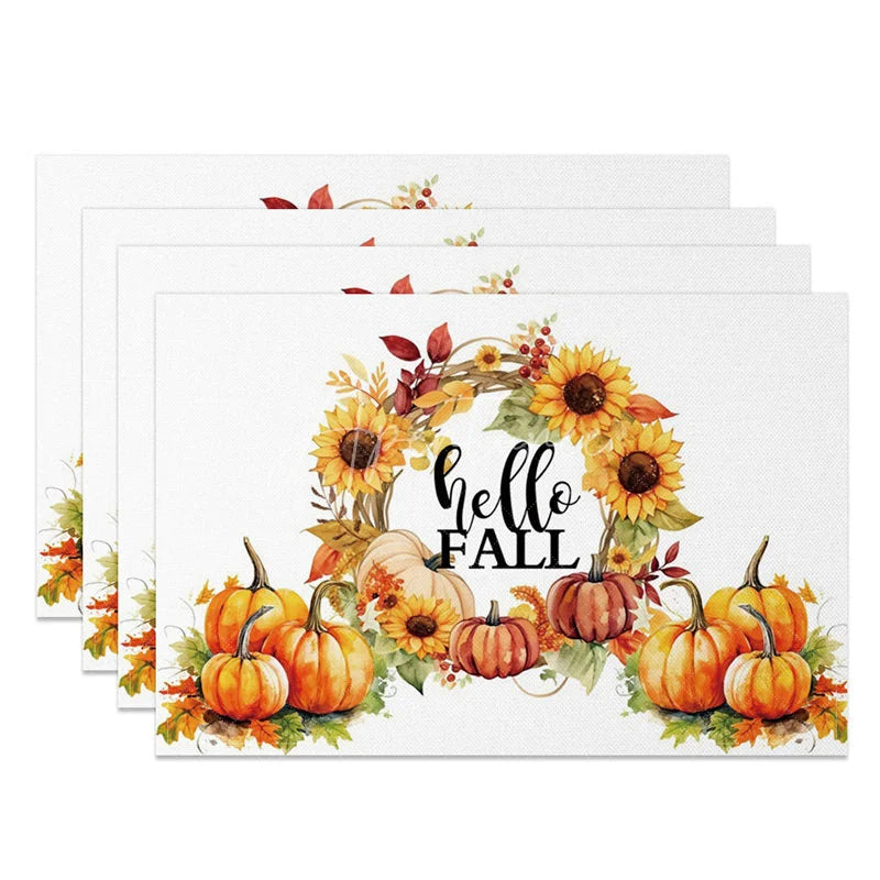 Aperturee - Aperturee Autumn Harvest Pumpkin and Sunflower Set of 4 Placemats for Fall and Thanksgiving Kitchen Dining Decor