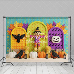 Aperturee - Aperturee Autumn Harvest Scarecrow Photography Backdrop with Pumpkins Crows and Fall Leaves for Seasonal Photoshoot