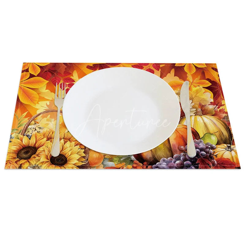 Aperturee - Aperturee Autumn Harvest Set of 4 Placemats with Mushroom Sunflower and Pumpkin for Fall and Thanksgiving