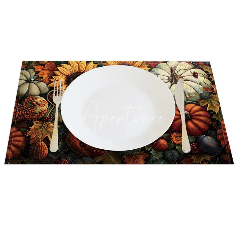 Aperturee - Aperturee Autumn Harvest Sunflower and Pumpkin Set of 4 Placemats for Fall and Thanksgiving Dining Table Decor