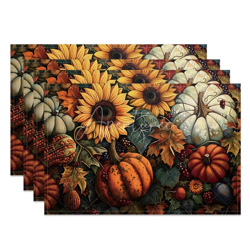 Aperturee - Aperturee Autumn Harvest Sunflower and Pumpkin Set of 4 Placemats for Fall and Thanksgiving Dining Table Decor