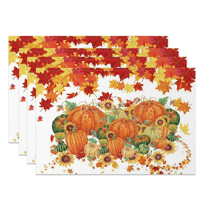 Aperturee - Aperturee Autumn Maple Leaf Pumpkin and Sunflower Set of 4 Placemats for Fall Harvest and Thanksgiving Decor