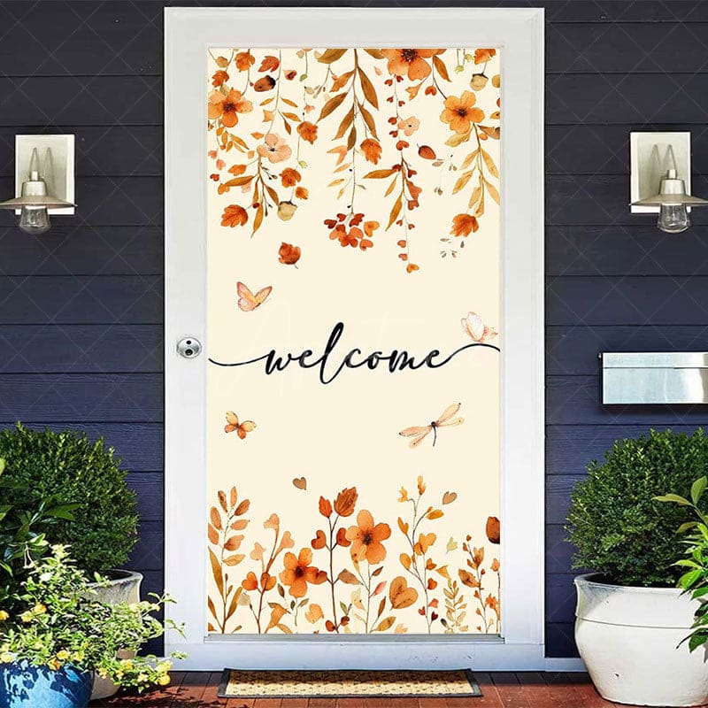 Aperturee - Aperturee Autumn Maple Leaves Welcome Thanksgiving Door Cover