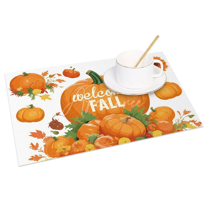 Aperturee - Aperturee Autumn Orange Pumpkin and Greenery Set of 4 Placemats for Fall Harvest and Thanksgiving Table Decor