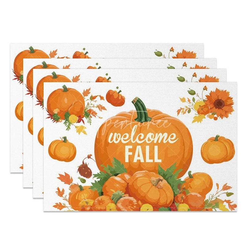 Aperturee - Aperturee Autumn Orange Pumpkin and Greenery Set of 4 Placemats for Fall Harvest and Thanksgiving Table Decor