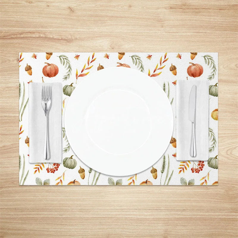 Aperturee - Aperturee Autumn Pumpkin Nut and Willow Leaf Set of 4 Placemats for Rustic Fall and Thanksgiving Decor