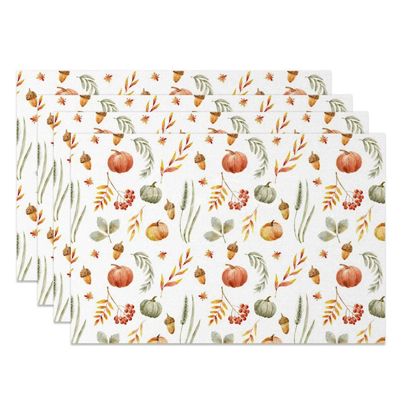 Aperturee - Aperturee Autumn Pumpkin Nut and Willow Leaf Set of 4 Placemats for Rustic Fall and Thanksgiving Decor