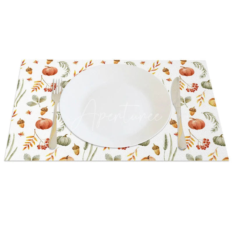Aperturee - Aperturee Autumn Pumpkin Nut and Willow Leaf Set of 4 Placemats for Rustic Fall and Thanksgiving Decor