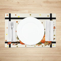 Aperturee - Aperturee Autumn Pumpkin on Black and White Cross Stripe Set of 4 Placemats for Modern Farmhouse Fall Decor