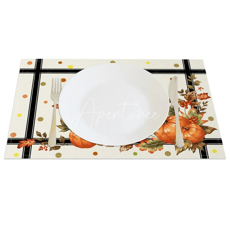 Aperturee - Aperturee Autumn Pumpkin on Black and White Cross Stripe Set of 4 Placemats for Modern Farmhouse Fall Decor