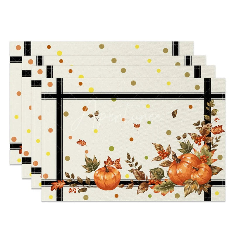 Aperturee - Aperturee Autumn Pumpkin on Black and White Cross Stripe Set of 4 Placemats for Modern Farmhouse Fall Decor