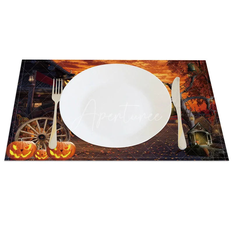 Aperturee - Aperturee Autumn Scarecrow and Fallen Leaves Set of 4 Placemats for Fall Harvest and Thanksgiving Farmhouse Decor