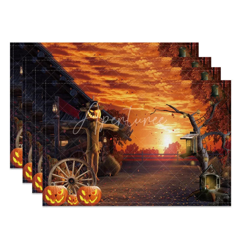 Aperturee - Aperturee Autumn Scarecrow and Fallen Leaves Set of 4 Placemats for Fall Harvest and Thanksgiving Farmhouse Decor