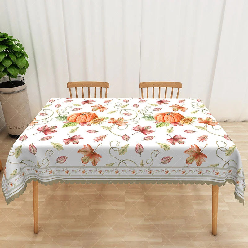 Aperturee - Aperturee Autumn Tablecloth with Red Maple Leaves and Pumpkins for Fall Harvest and Thanksgiving Dining Table Decor