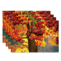 Aperturee - Aperturee Autumn Tree and Red Maple Leaf Pattern Set of 4 Placemats for Fall Harvest and Thanksgiving Decor