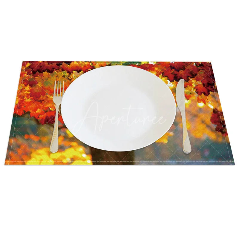 Aperturee - Aperturee Autumn Tree and Red Maple Leaf Pattern Set of 4 Placemats for Fall Harvest and Thanksgiving Decor