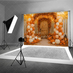 Aperturee - Aperturee Autumn Wedding Gate Photography Backdrop Fall Leaves Arch and Balloon Columns Rustic Pumpkin Path Photo Booth
