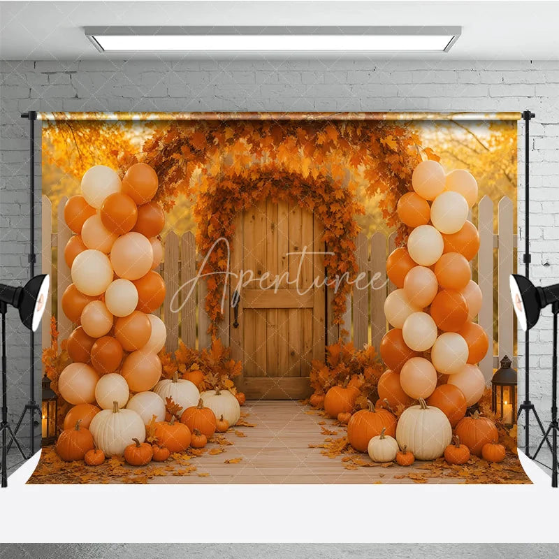 Aperturee - Aperturee Autumn Wedding Gate Photography Backdrop Fall Leaves Arch and Balloon Columns Rustic Pumpkin Path Photo Booth