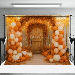 Aperturee - Aperturee Autumn Wedding Gate Photography Backdrop Fall Leaves Arch and Balloon Columns Rustic Pumpkin Path Photo Booth