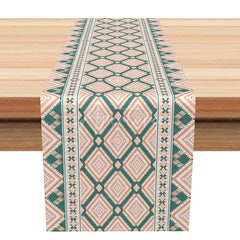 Aperturee - Aperturee Aztec Geometric Table Runner Green and Orange Bohemian Tribal Southwest Farmhouse Dining Table Decor