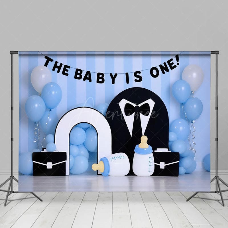 Aperturee - Aperturee Baby Blue Balloon Tuxedo Boss Cake Smash Backdrop