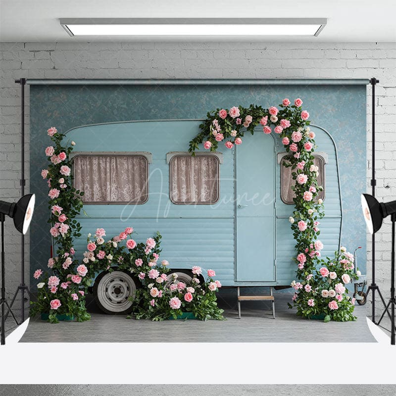 Aperturee - Aperturee Baby Blue Motor Home Floral Arch Wedding Backdrop