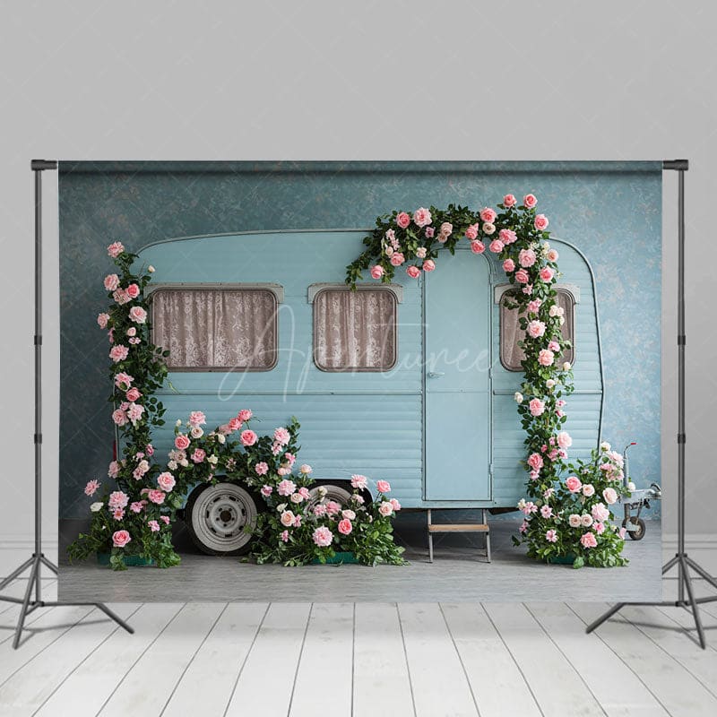 Aperturee - Aperturee Baby Blue Motor Home Floral Arch Wedding Backdrop