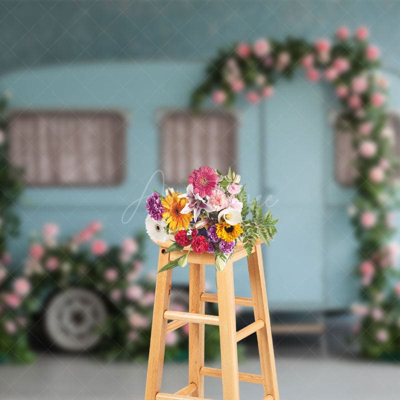 Aperturee - Aperturee Baby Blue Motor Home Floral Arch Wedding Backdrop