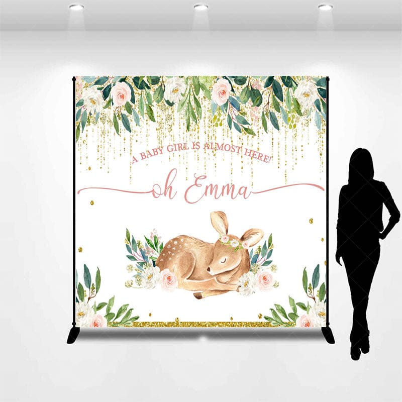 Aperturee - Aperturee Baby Girl Is Almost Here Deer Custom Name Backdrop