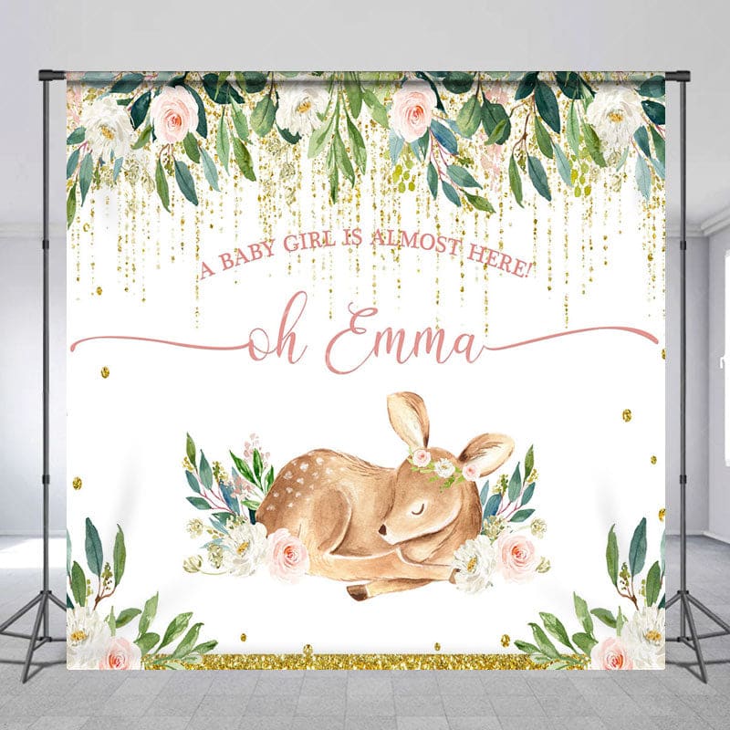 Aperturee - Aperturee Baby Girl Is Almost Here Deer Custom Name Backdrop
