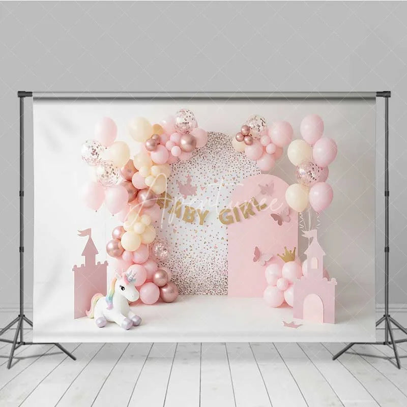 Aperturee - Aperturee Baby Girl Unicorn Cake Smash Backdrop Pink Castle and Balloons Party Background for Girls
