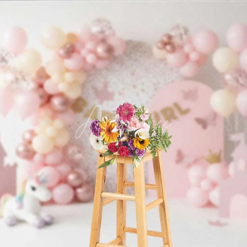 Aperturee - Aperturee Baby Girl Unicorn Cake Smash Backdrop Pink Castle and Balloons Party Background for Girls