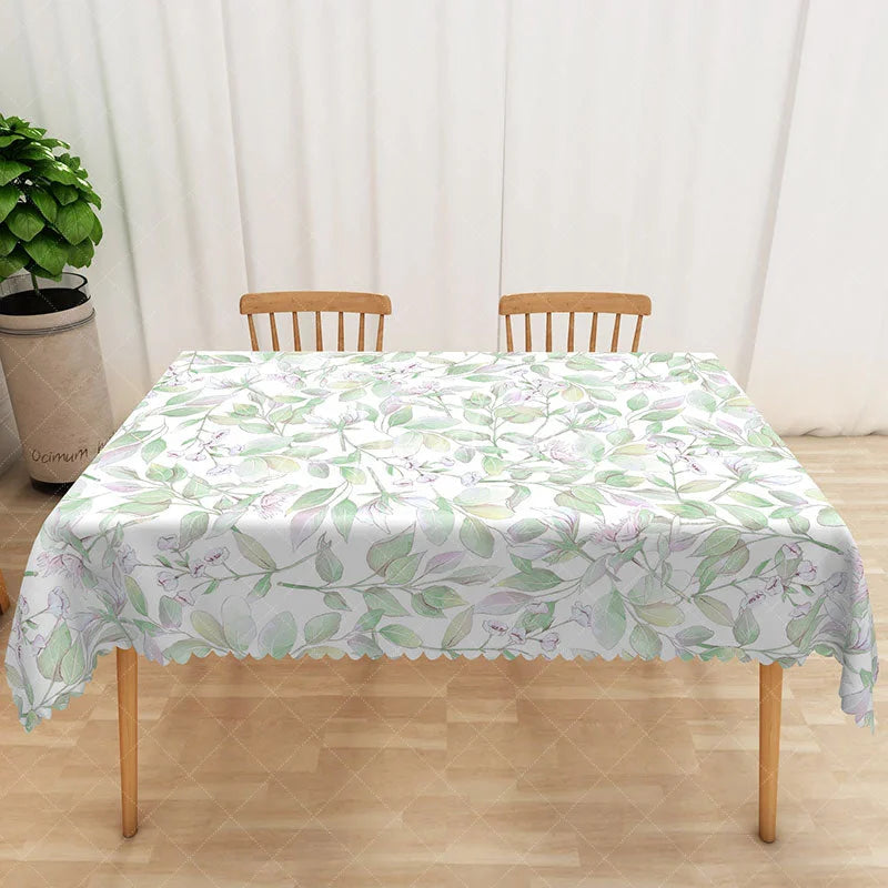 Aperturee - Aperturee Baby Green Boho Rectangle Tablecloth with Spring Leaves for Sage Green and Botanical Themed Decor