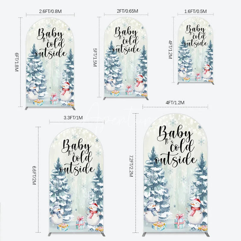 Aperturee - Aperturee Baby Its Cold Outside Arch Backdrop Winter Snowman Watercolor Pine Tree