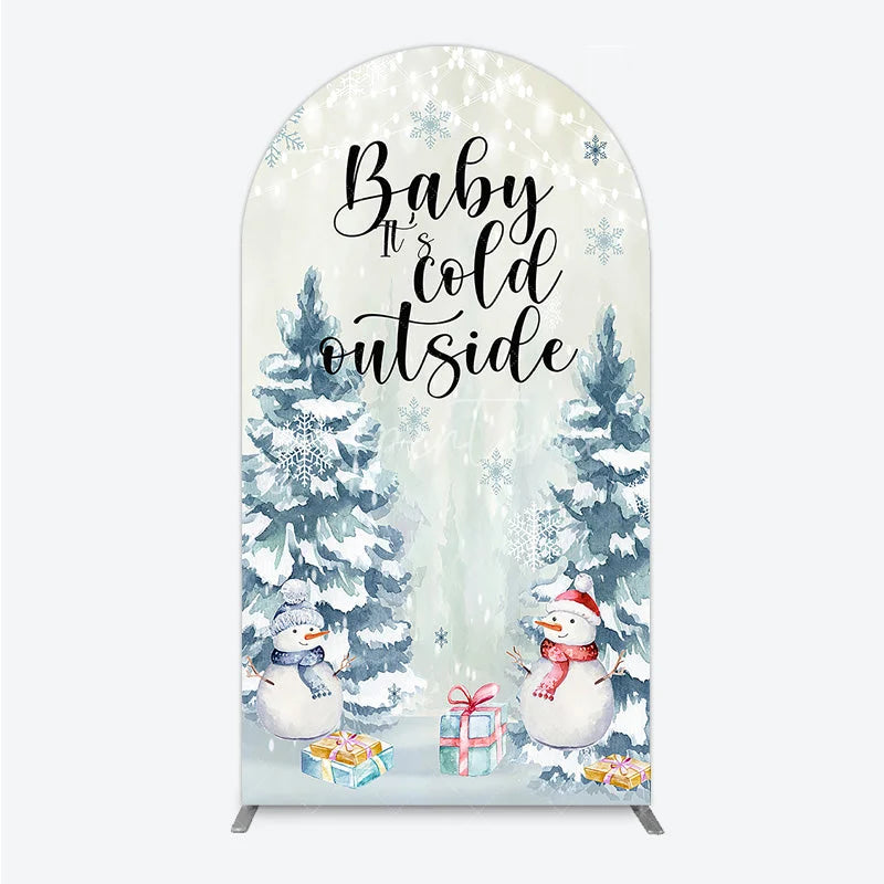 Aperturee - Aperturee Baby Its Cold Outside Arch Backdrop Winter Snowman Watercolor Pine Tree