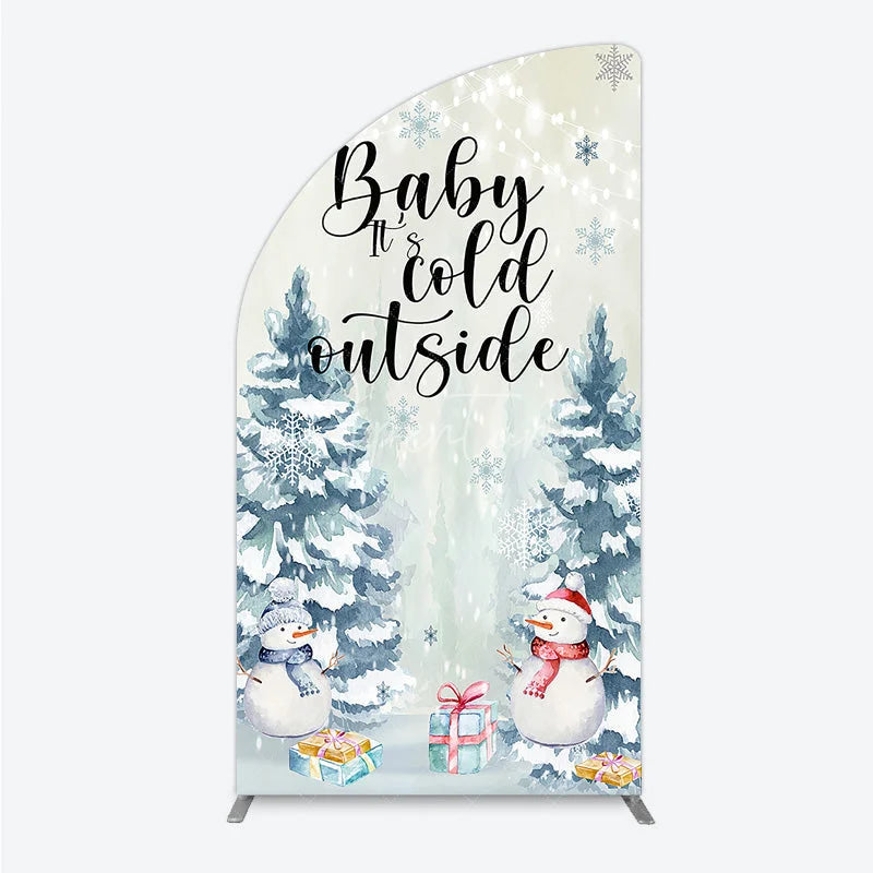 Aperturee - Aperturee Baby Its Cold Outside Half Moon Arch Backdrop Winter Snowman Watercolor Pine Tree