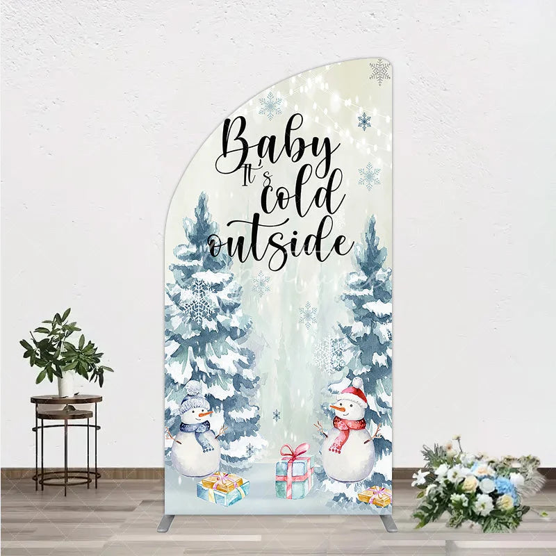 Aperturee - Aperturee Baby Its Cold Outside Half Moon Arch Backdrop Winter Snowman Watercolor Pine Tree
