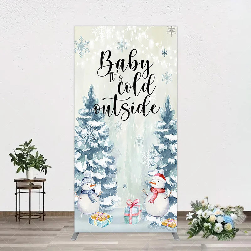 Aperturee - Aperturee Baby Its Cold Outside Rectangle Backdrop Winter Snowman Watercolor Pine Tree