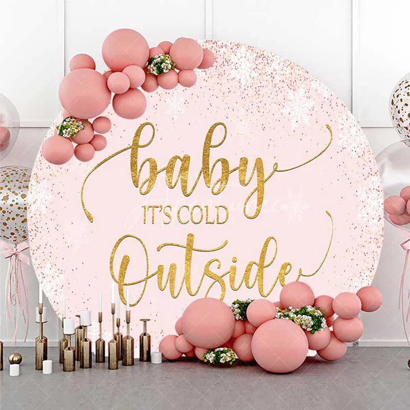 Aperturee - Aperturee Baby Its Cold Outside Round Backdrop Pink Winter Wonderland Snowflakes Girl Baby Shower Background