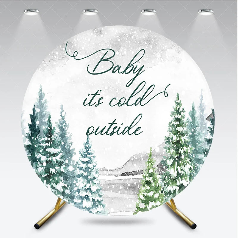 Aperturee - Aperturee Baby Its Cold Outside Round Backdrop Winter Forest Pine Tree Baby Shower Prop