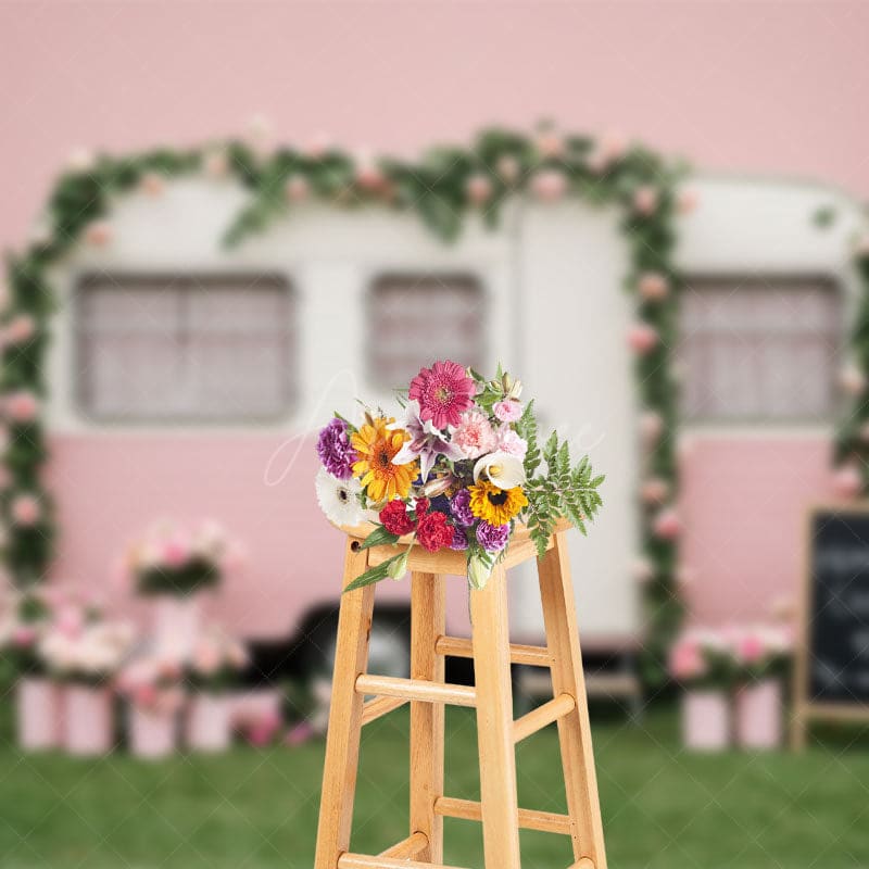 Aperturee - Aperturee Baby Pink Motor Home Floral Sweet Wedding Backdrop