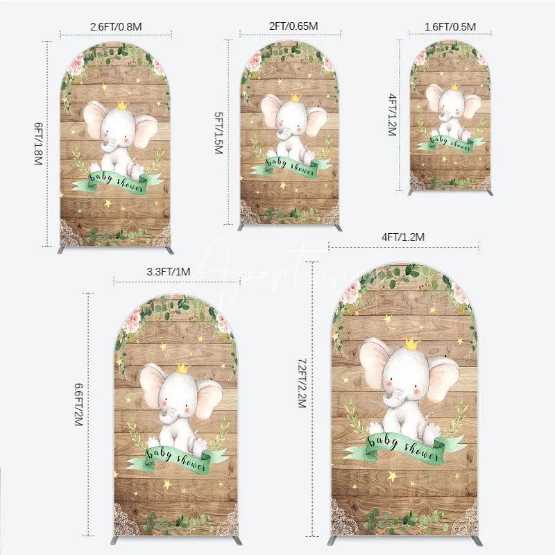 Aperturee - Aperturee Baby Shower Arch Backdrop with Crown Elephant Rustic Wood Plank and Pink Floral Roses Girl Baby Shower