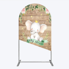 Aperturee - Aperturee Baby Shower Arch Backdrop with Crown Elephant Rustic Wood Plank and Pink Floral Roses Girl Baby Shower
