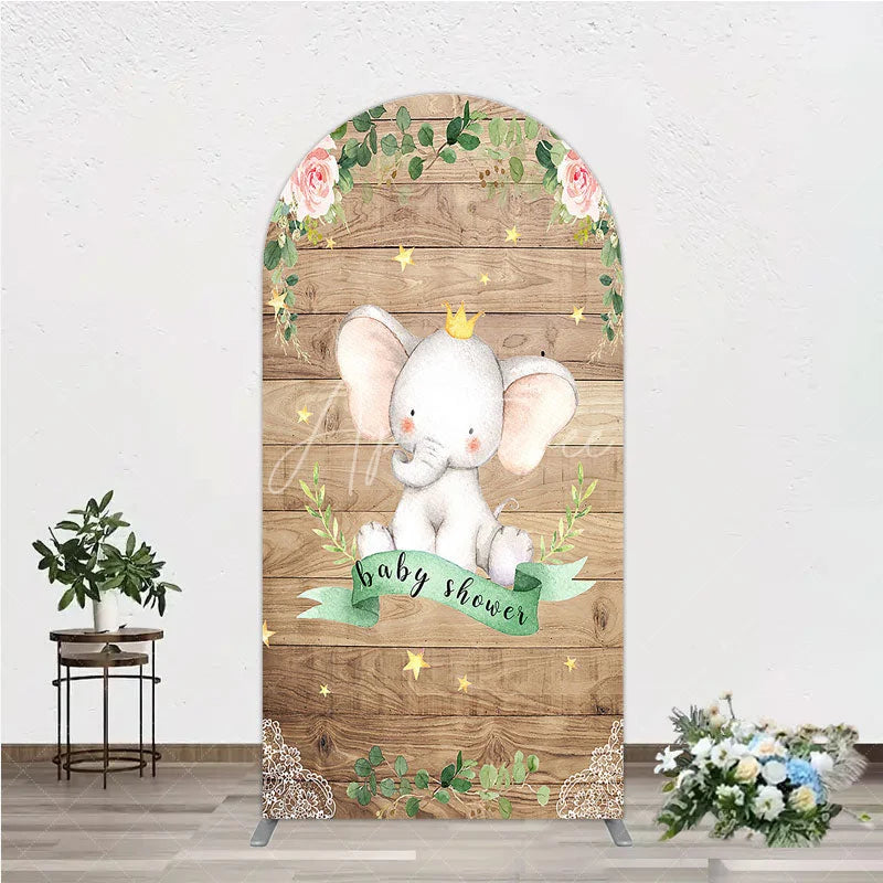 Aperturee - Aperturee Baby Shower Arch Backdrop with Crown Elephant Rustic Wood Plank and Pink Floral Roses Girl Baby Shower