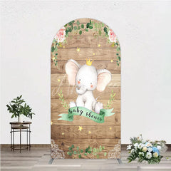 Aperturee - Aperturee Baby Shower Arch Backdrop with Crown Elephant Rustic Wood Plank and Pink Floral Roses Girl Baby Shower