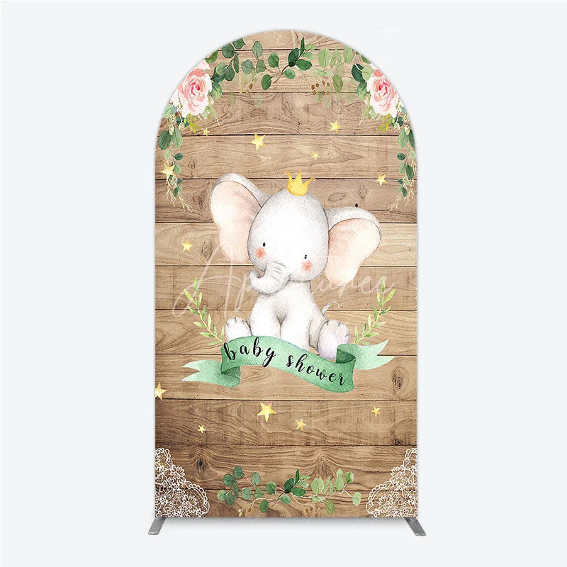 Aperturee - Aperturee Baby Shower Arch Backdrop with Crown Elephant Rustic Wood Plank and Pink Floral Roses Girl Baby Shower