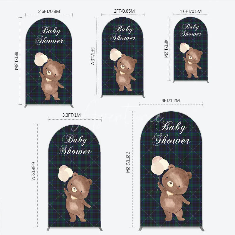 Aperturee - Aperturee Baby Shower Bear with Balloons Arch Backdrop Green and Blue Tartan Plaid Party Cover