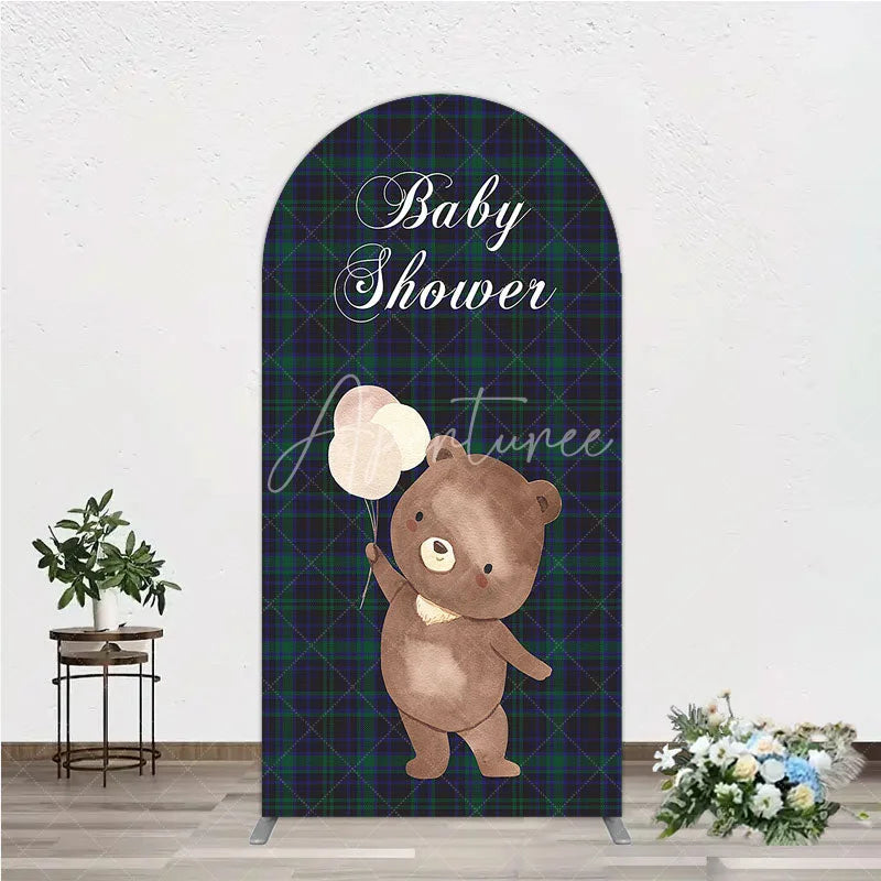 Aperturee - Aperturee Baby Shower Bear with Balloons Arch Backdrop Green and Blue Tartan Plaid Party Cover