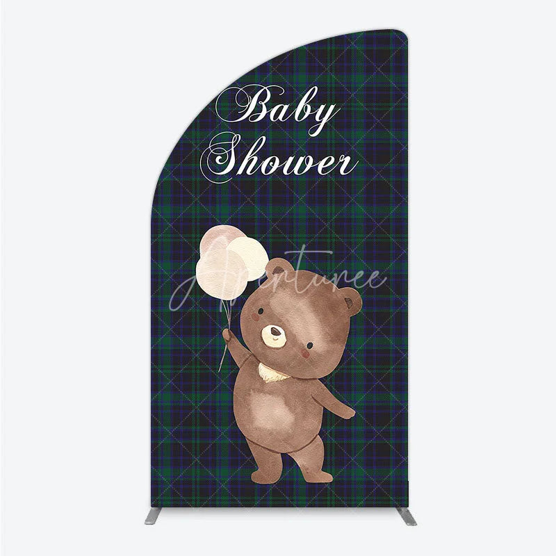 Aperturee - Aperturee Baby Shower Bear with Balloons Half Moon Arch Backdrop Green and Blue Tartan Plaid Party Cover